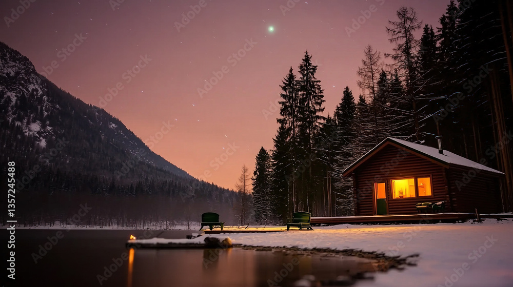 Fototapeta premium Cozy cabin lake at night