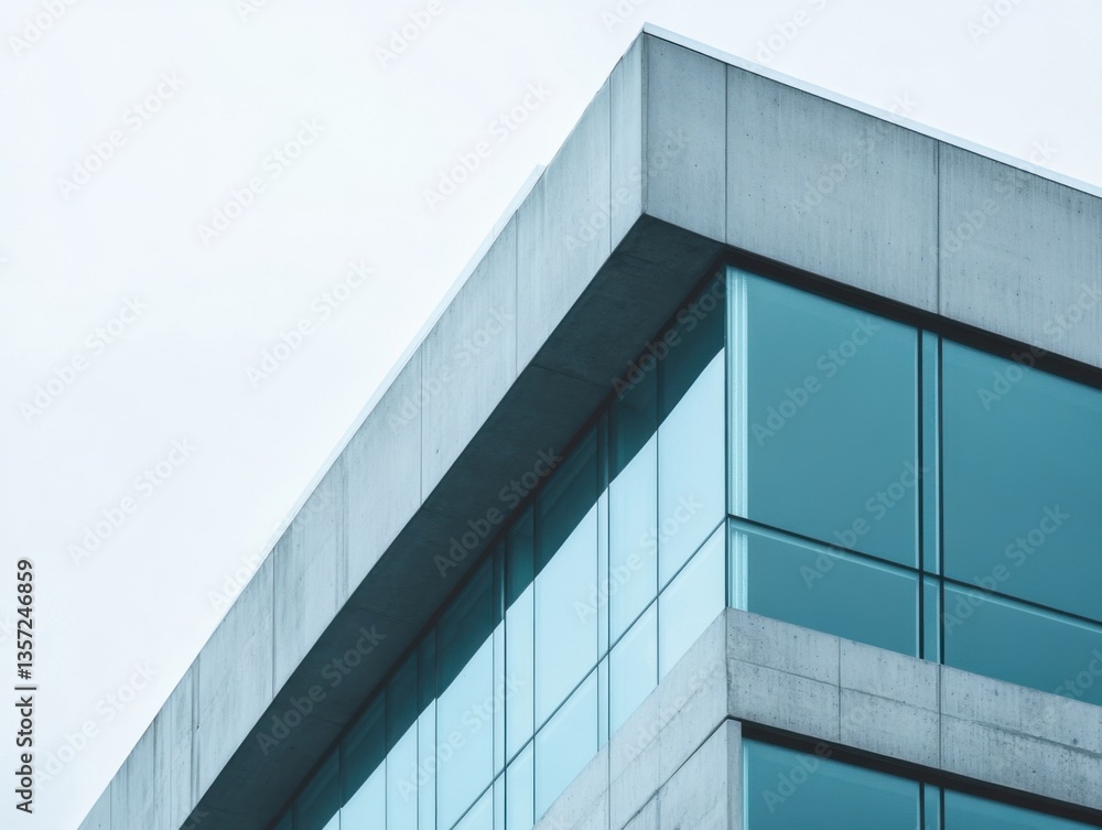 Modern concrete and glass office building with morning light and text space Modern concrete and glass office building with morning light and text space