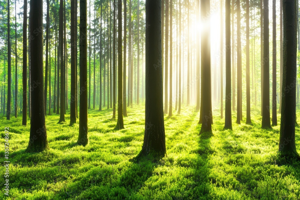 Fototapeta premium Sunlight fills lush green forest with tall trees