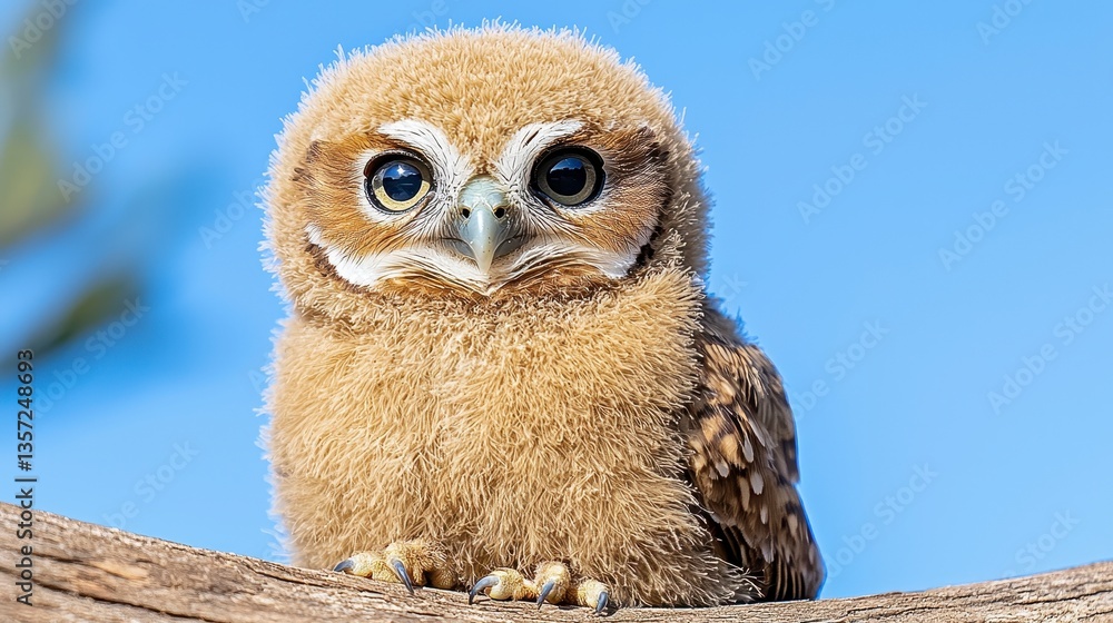 Obraz premium Adorable Fluffy Owlet Perched on Branch Against Blue Sky
