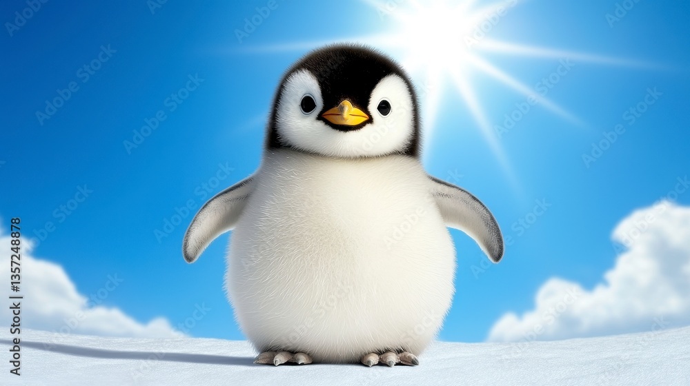 Fototapeta premium Adorable Fluffy Penguin Chick on Snowy Ground Under Bright Sun