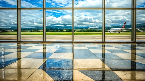An airport terminal interior featuring a large window and scenic views