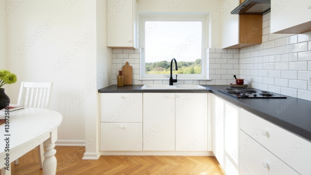 Fototapeta premium Bright Kitchen Interior With White Cabinets