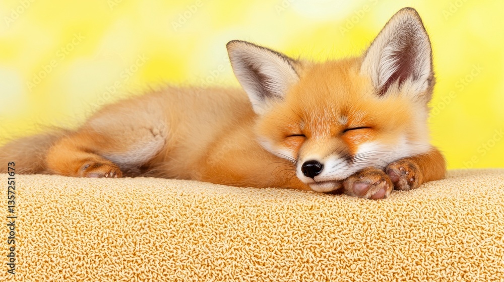 Obraz premium Adorable Red Fox Kit Napping on Tan Surface Against Yellow Background