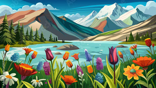 Wildflowers on shore of Ice Lake, Silverton, Colorado, USA