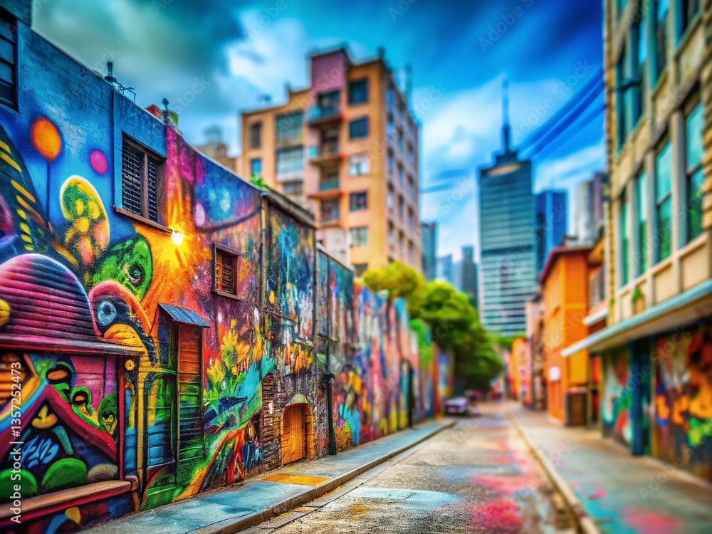 Fototapeta premium Miniature Cityscape Graffiti Art: Vibrant Street Art in a Whimsical Tilt-Shift Style