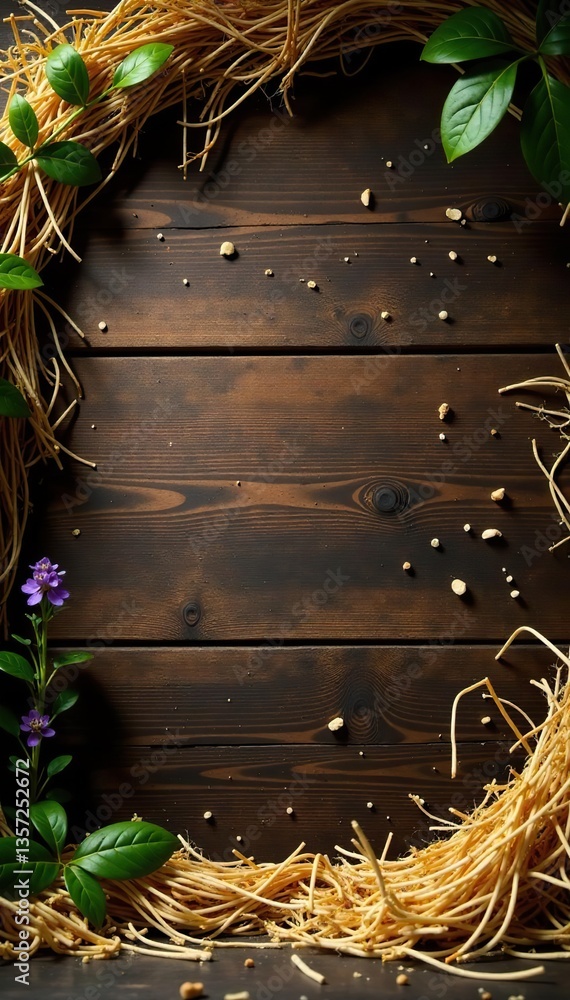 Obraz premium Backdrop featuring a rustic wooden background adorned with scattered hay, rural, texture