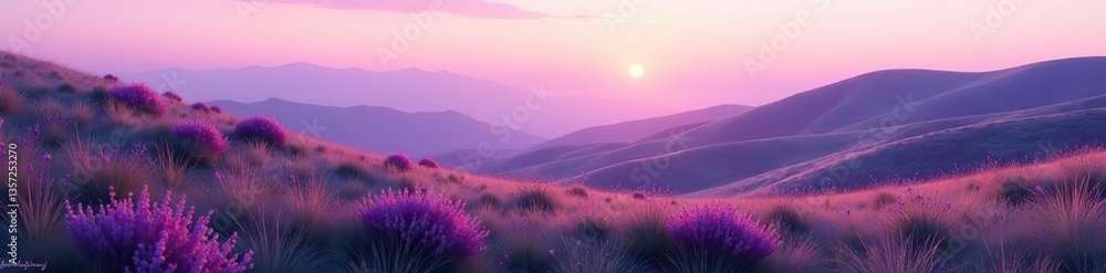 Obraz premium A serene meadow with rolling hills in the distance, bathed in purple hues, meadow, grass