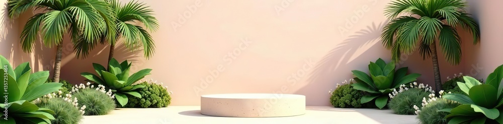 A serene outdoor garden with lush greenery, wildflowers, palm trees, and a stone podium for product display against a soft pastel colored wall, serene, vibrant A serene outdoor garden with lush greenery, wildflowers, palm trees, and a stone podium for product display against a soft pastel colored wall, serene, vibrant