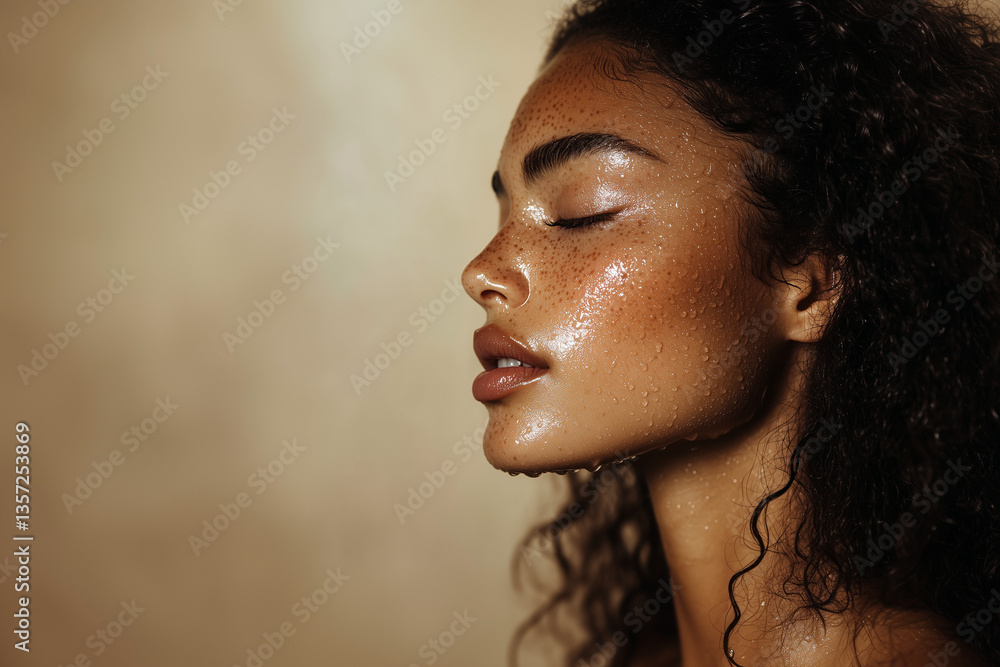 A high-resolution studio portrait of a young woman with wet hair, dewy skin, and freckles. Water flows from her face, symbolizing purity and renewal. Soft pastel beige background, serene and elegant. A high-resolution studio portrait of a young woman with wet hair, dewy skin, and freckles. Water flows from her face, symbolizing purity and renewal. Soft pastel beige background, serene and elegant.