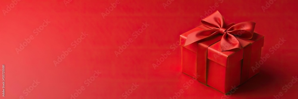 Fototapeta premium A shiny red gift box with a satin bow on a vibrant red background, present, shiny