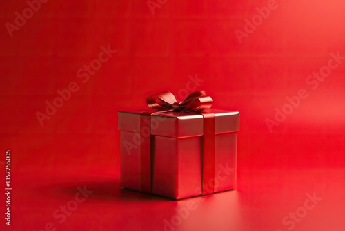 A shiny gift box with a red bow stands out against a vibrant red background,  red,  background