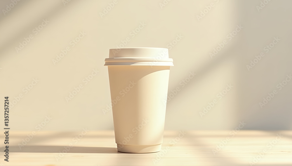 mockup of paper cup standing on table on sunny day