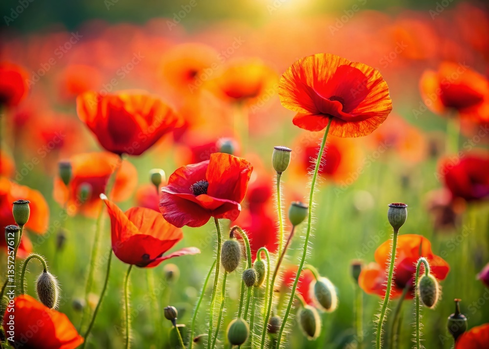 Fototapeta premium Miniature Red Poppies Field, Tilt-Shift Photography, Blooming Flowers, Summer Meadow