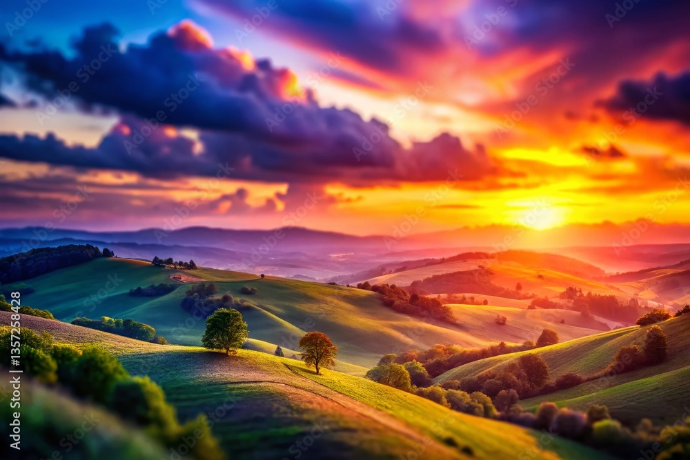 Fototapeta premium Miniature Sunset Landscape: Vibrant Sky, Rolling Hills, Tilt-Shift Photography