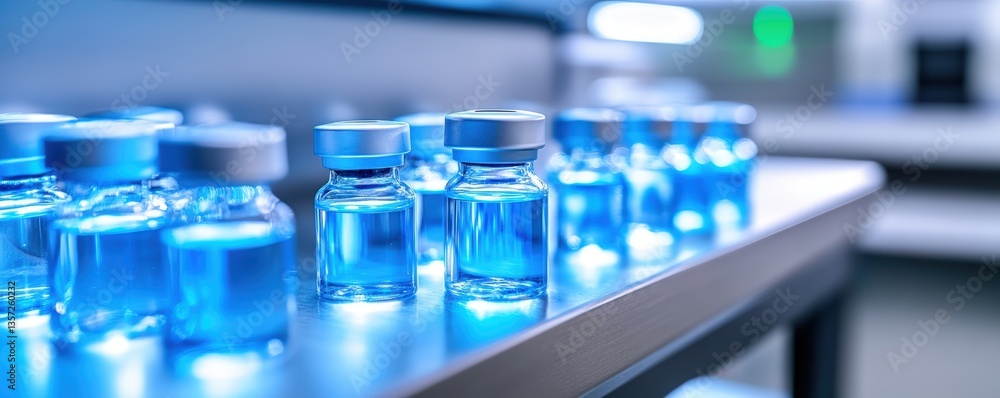 The image features several glass vials filled with blue liquid, illuminated under a soft light, suggesting a laboratory or medical setting. The image features several glass vials filled with blue liquid, illuminated under a soft light, suggesting a laboratory or medical setting.