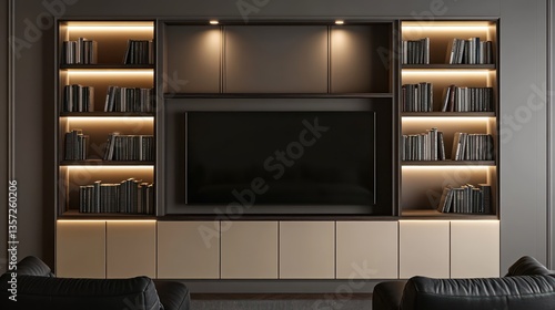 A chic TV cabinet with built-in shelves, designed with beige units and dark wood accents, mounted on a light gray wall