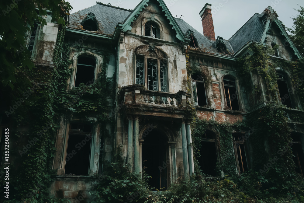 Obraz premium an abandoned gothic mansion with broken windows and overgrown ivy,eerie and atmospjeric