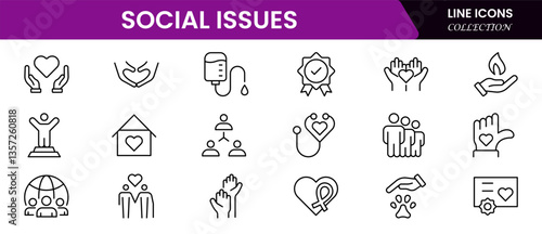 Social Issues Icon Set. Thought-provoking and impactful icons designed to raise awareness and promote engagement, perfect for enhancing campaigns, websites