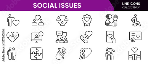 Social Issues Icon Set. Thought-provoking and impactful icons designed to raise awareness and promote engagement, perfect for enhancing campaigns, websites