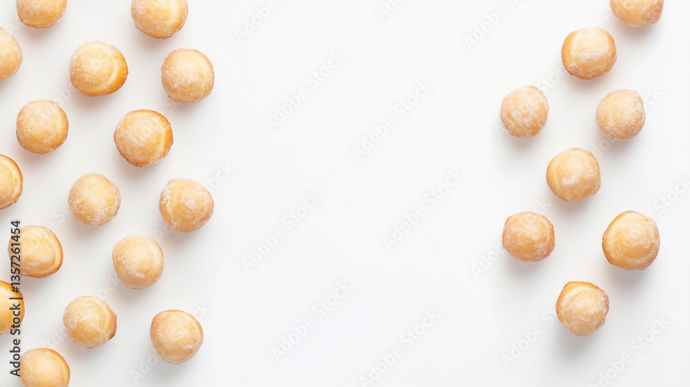 A variety of small, sugar-coated baby donuts arranged on the right side of a white background with plenty of empty space on the left A variety of small, sugar-coated baby donuts arranged on the right side of a white background with plenty of empty space on the left