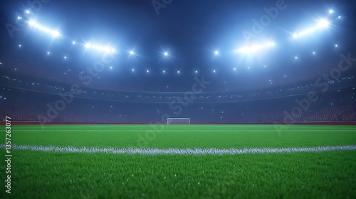 A brightly lit stadium featuring a green soccer field