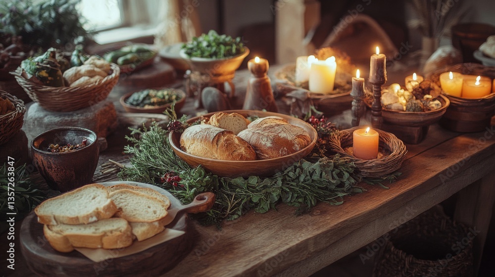 Naklejka premium Rustic Table Setting Featuring Bread and Candles