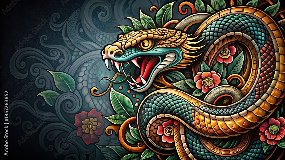 Detailed Snake Tattoo Design Sketch, Left Composition, Ample Copy Space Detailed Snake Tattoo Design Sketch, Left Composition, Ample Copy Space