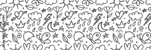 Seamless hand-drawn crayon doodle pattern in black on a white background. Cute naive-style elements such as hearts, flowers, butterflies, stars, clouds, lightning, and moons.