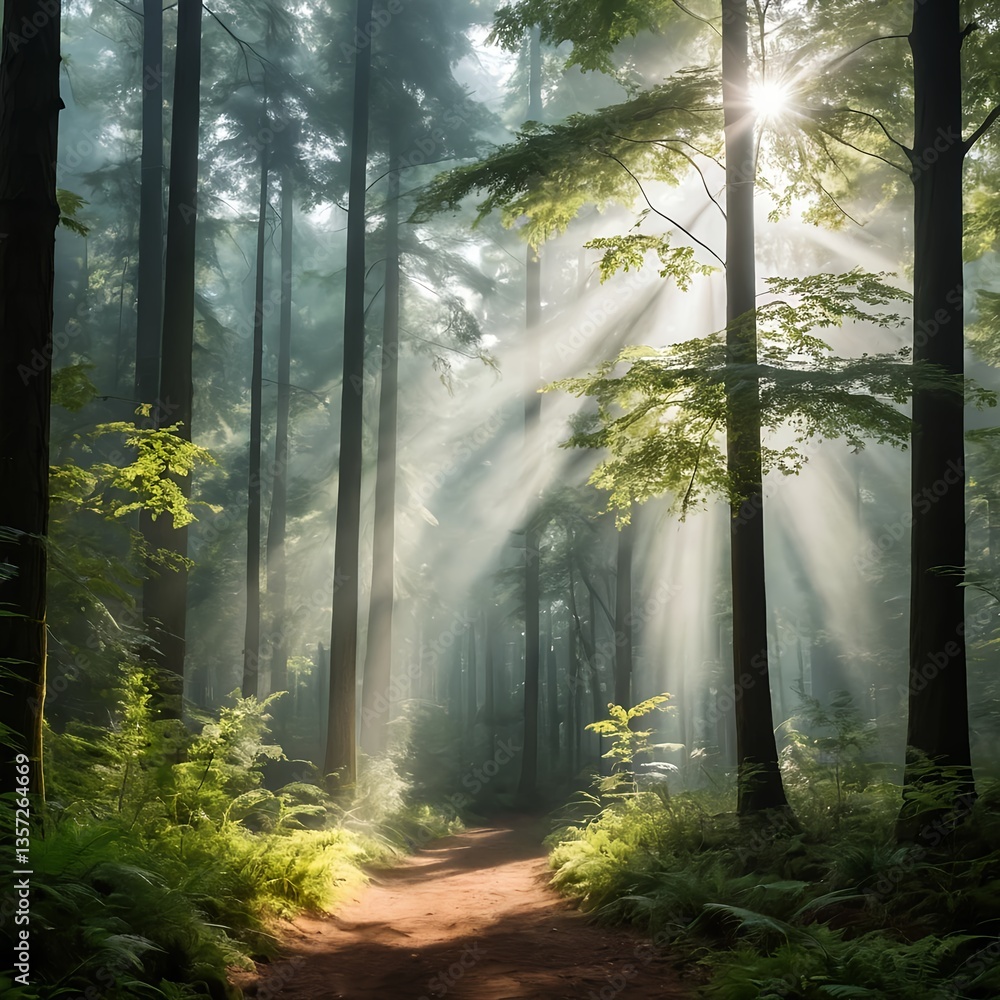 Fototapeta premium Sunbeams in a Misty Forest Path