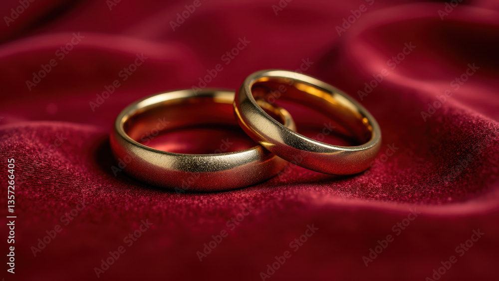 Two gold rings on a red velvet surface, symbolizing commitment and love. Two gold rings on a red velvet surface, symbolizing commitment and love.