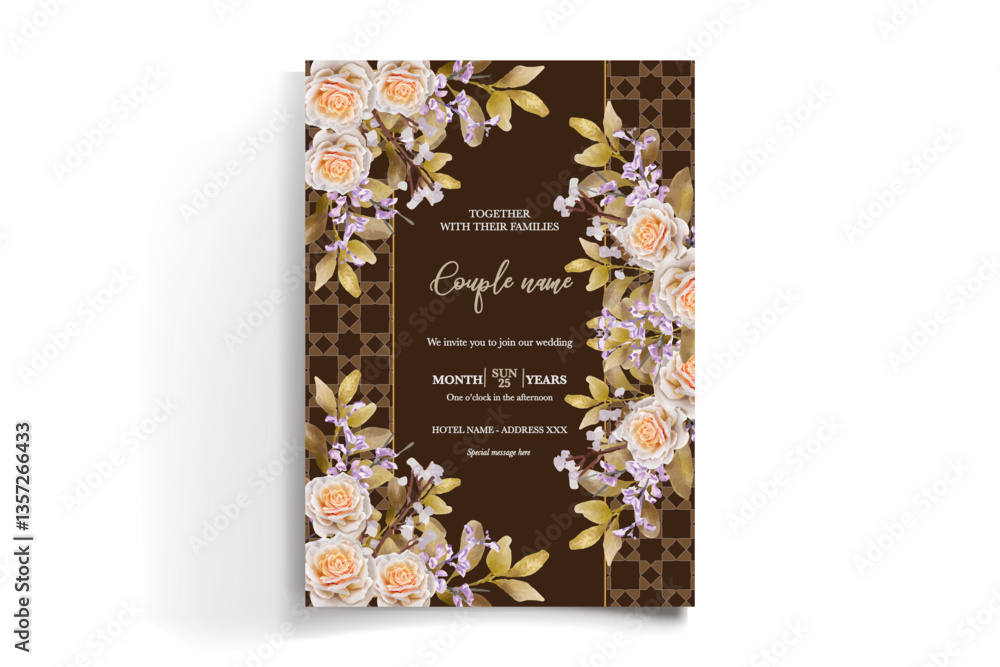 Obraz premium WEDDING INVITATION FRAME WITH FLOWER DECORATIONS AND FRESH LEAVES