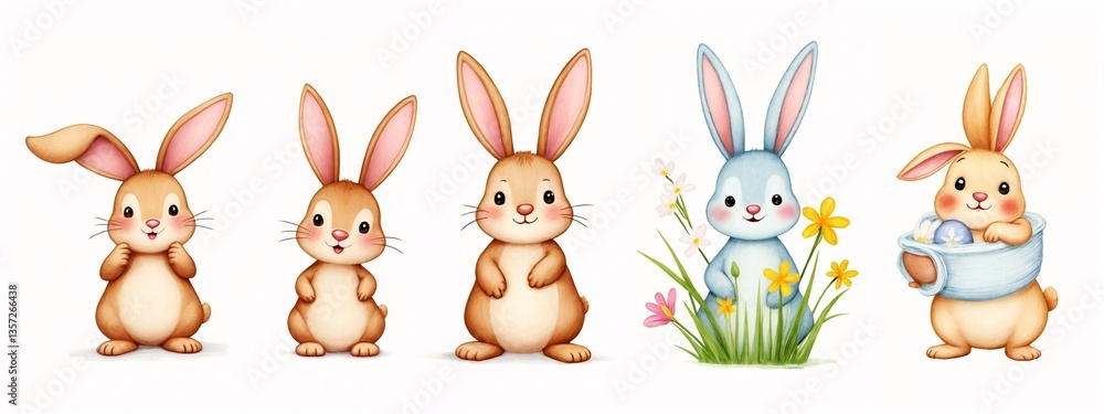 A group of four watercolor bunnies standing next to each other. A group of four watercolor bunnies standing next to each other.