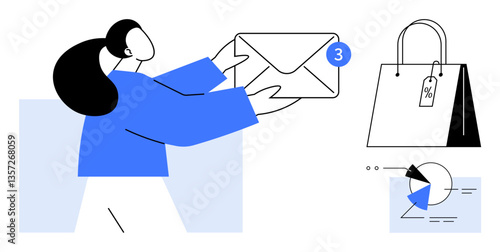 Woman holding an envelope marked with a notification badge, a shopping bag with a discount tag, and a pie chart. Ideal for email marketing, notifications, online shopping, analytics, communication