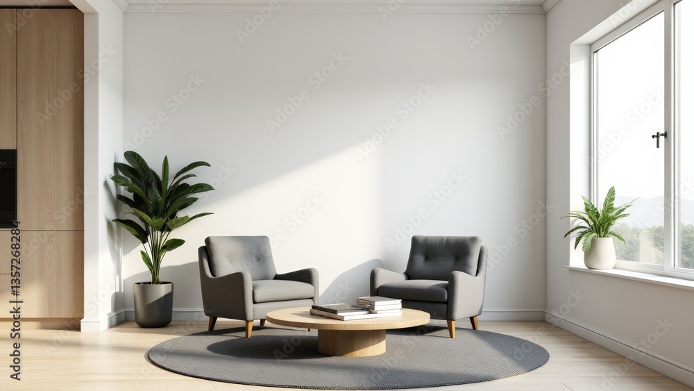 Fototapeta premium Minimalist Living Room With Armchairs And Plants