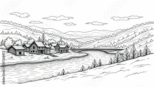 A charming village nestled along a winding river, with small wooden cottages, stone bridges, and lush trees drawn in elegant, intricate line art. 