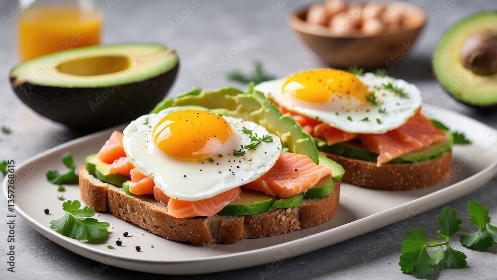 Two pieces of whole grain toast topped with slices of avocado Two pieces of whole grain toast topped with slices of avocado