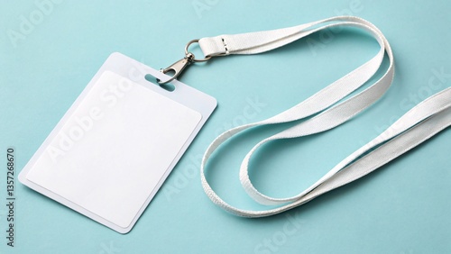 Identity at a Glance: A pristine name tag with a lanyard, elegantly set against a soft blue backdrop, symbolizing access, identity, and professional presence.