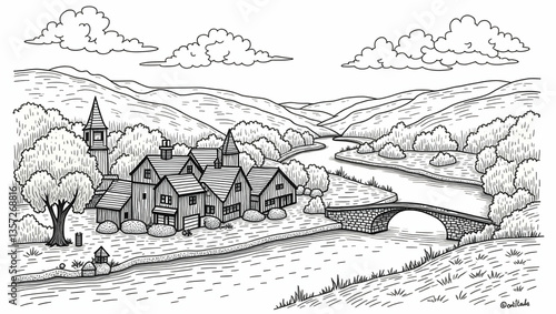 A charming village nestled along a winding river, with small wooden cottages, stone bridges, and lush trees drawn in elegant, intricate line art. 