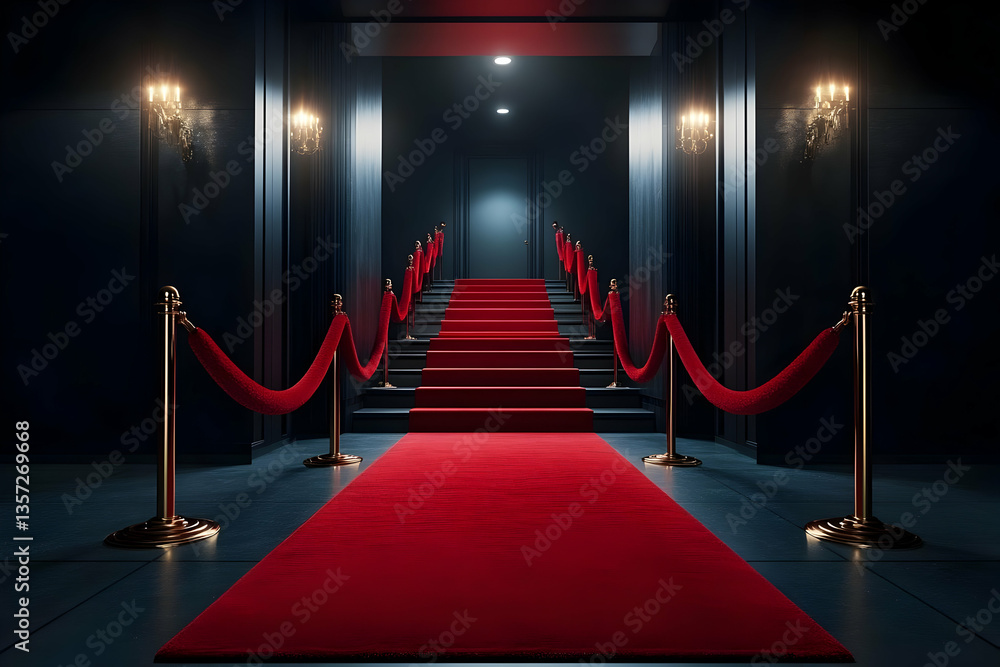 An elegant red carpet leading up to a glamorous event, adorned with golden ropes and soft lighting, perfect for capturing moments of grandeur. An elegant red carpet leading up to a glamorous event, adorned with golden ropes and soft lighting, perfect for capturing moments of grandeur.