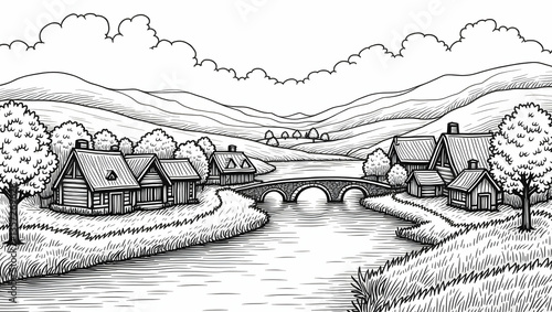 A charming village nestled along a winding river, with small wooden cottages, stone bridges, and lush trees drawn in elegant, intricate line art. 