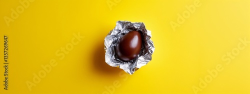 A chocolate egg wrapped in silver foil on a yellow background.