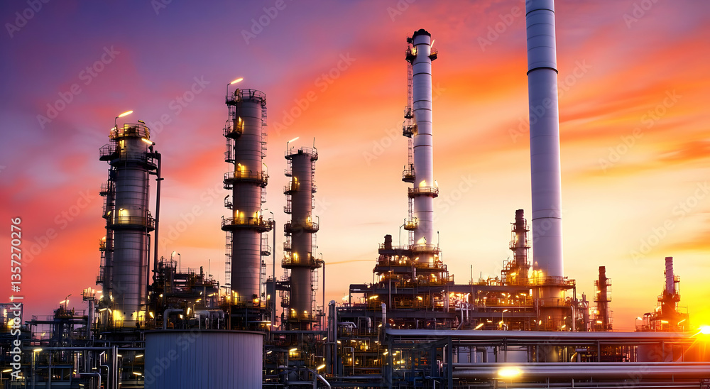 Obraz premium An industrial landscape featuring towering oil refinery structures against a stunning sunset backdrop, showcasing modern technology.