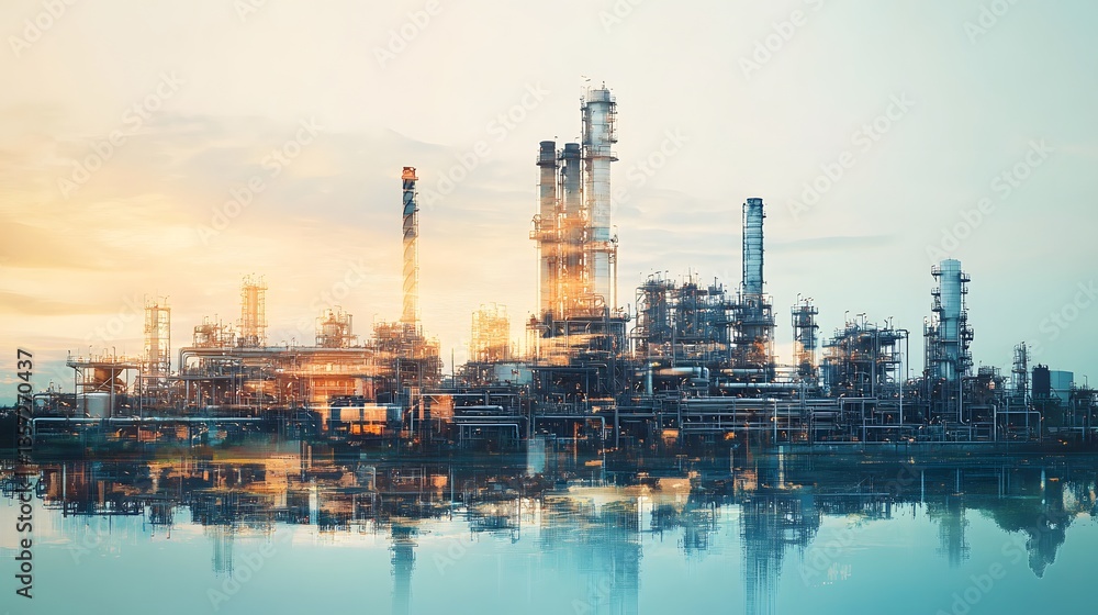 Industrial Complex at Sunrise with Reflection on Water Surface Industrial Complex at Sunrise with Reflection on Water Surface