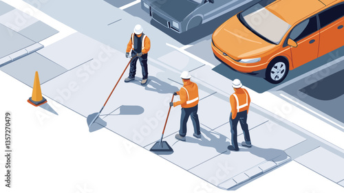 Isometric illustration depicting three city workers in orange safety vests and hard hats using brooms to clean a city sidewalk.  Cars are parked along the street in the background. A traffic cone