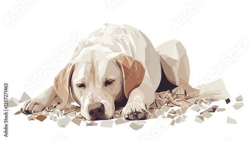 Digital illustration of a sad-looking Labrador Retriever puppy lying on a white background amidst scattered pieces of shredded paper. The puppy is predominantly white with light brown ears. The