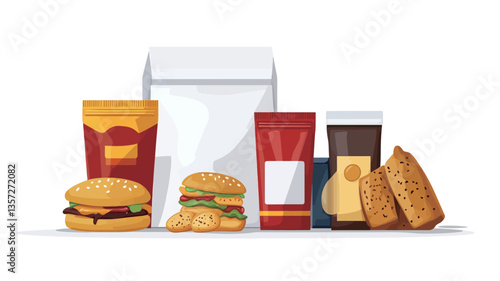A digital illustration depicting a collection of fast food items presented in their respective packaging.  The items include a double burger, french fries in a paper container, chicken nuggets in a