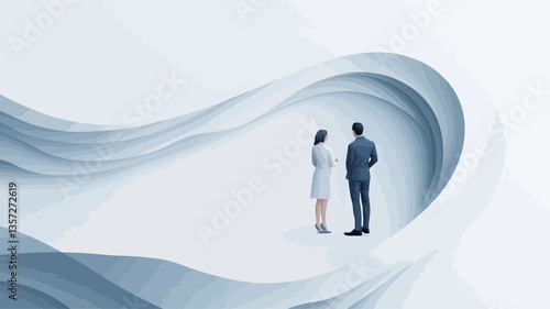 The image is a digital rendering depicting two miniature business figures, a man and a woman, standing back-to-back on a small, flat platform within a large, abstract, wavy, white structure