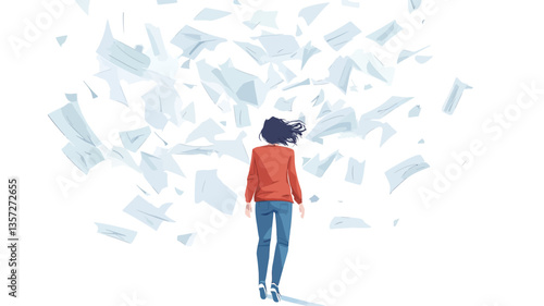 A stylized digital illustration depicting a woman viewed from behind, standing amidst a chaotic flurry of shattered, white fragments that appear to be floating or falling around her. The woman is