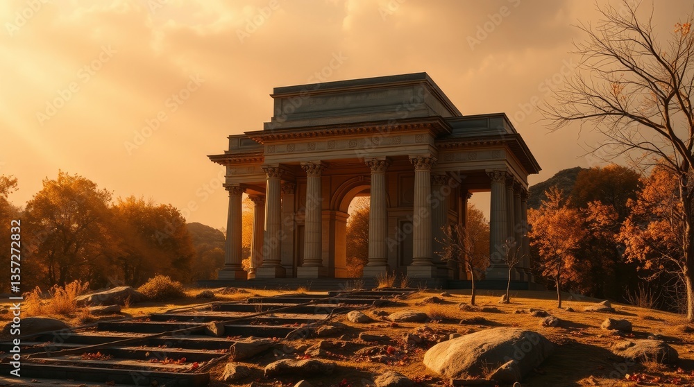 Fototapeta premium Exploring Ancient Arch Building at Golden Hour with Fall Foliage Scenery